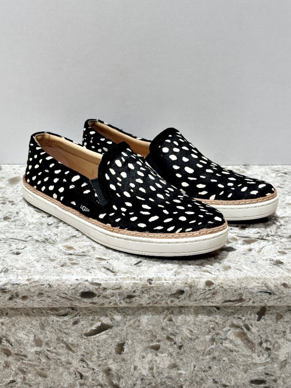 UGG Soleda 7.5 Black White Calf Hair Spotted Slip On Sneakers Loafers 1098943